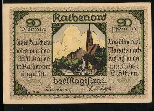 Notgeld Rathenow, 90 Pfennig, Stadtansicht mit Kirche, Husarengeneral Joachim Hans von Ziethen