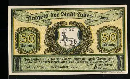 Notgeld Labes 1921, 50 Pfennig, Wappen der Stadt, Mann und Frau am Kaffeetisch, Im trautem Heim