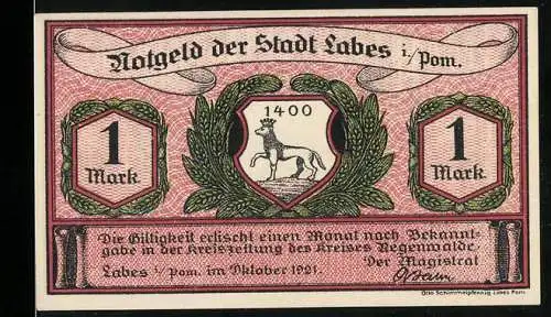 Notgeld Labes 1921, 1 Mark, Stadtwappen mit Hirsch und Marktansicht