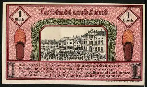 Notgeld Labes 1921, 1 Mark, Stadtwappen mit Hirsch und Marktansicht