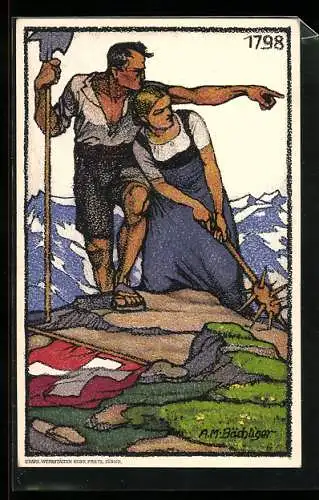 Künstler-AK Schweizer Bundesfeier 1913, Bewaffnetes Paar in den Bergen