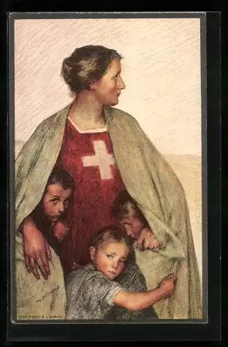 AK Henri Dunant, Schweizer Rotes Kreuz, Helvetia mit Kindern