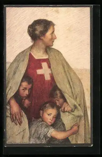 AK Henri Dunant, Schweizer Rotes Kreuz, Helvetia mit Kindern