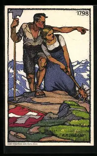 Künstler-AK Schweizer Bundesfeier 1913, Bauerpaar auf einem Berggipfel