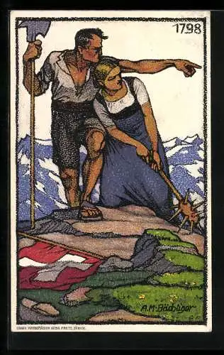 Künstler-AK Schweizer Bundesfeier 1913, Bauerpaar auf einem Berggipfel