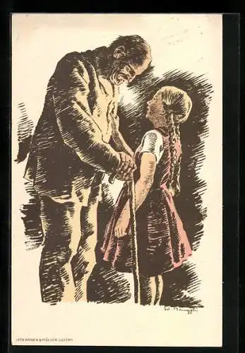 Künstler-AK Schweizer Bundesfeier 1.8.1928, Enkeltochter mit ihrem Grossvater