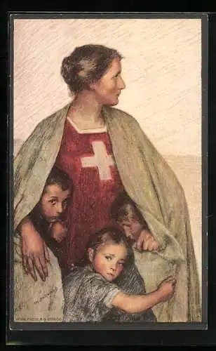 AK Henri Dunant, Schweizer Rotes Kreuz, Helvetia mit Kindern