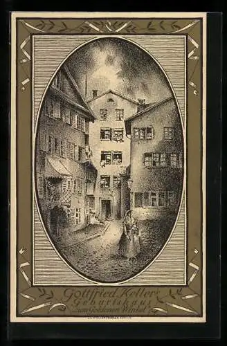 AK Gottfried Keller's Geburtshaus Zum Goldenen Winkel, Schweizer Bundesfeier 1919