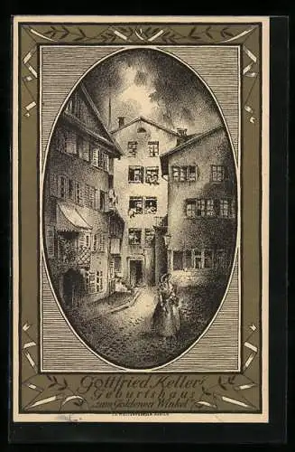 AK Gottfried Keller's Geburtshaus Zum Goldenen Winkel, Schweizer Bundesfeier 1919