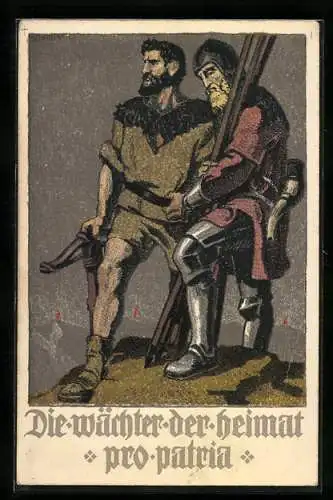 AK Schweizer Bundesfeier 1910, Soldaten mit Armbrust und Lanzen, Wächter der Heimat