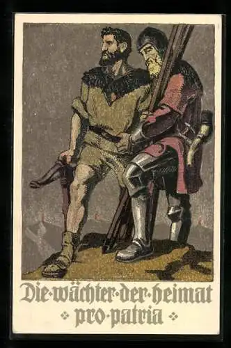 AK Schweizer Bundesfeier 1910, Soldaten mit Armbrust und Lanzen, Wächter der Heimat
