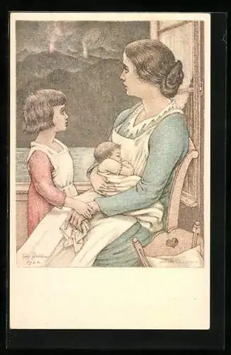 Ganzsache-AK Schweizer Bundesfeier 1924, Notleidende Frau mit ihren beiden Kindern in der Fremde