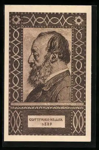 Künstler-AK Schweizer Bundesfeier 1919, Gottfried Keller im Portrait