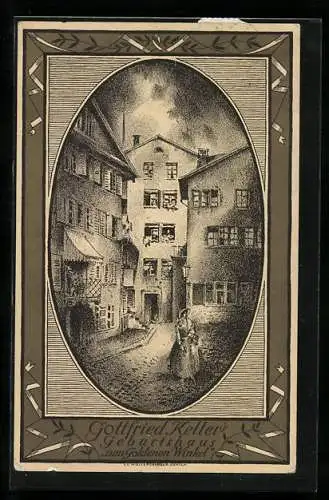 AK Gottfried Keller's Geburtshaus Zum Goldenen Winkel, Schweizer Bundesfeier 1919