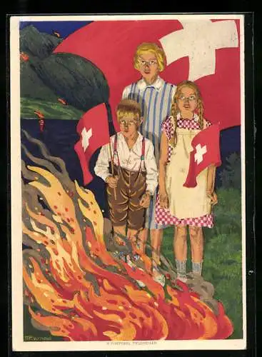AK Bundesfeier 1930, Für bedürftige Schweizerschulen im Ausland, Kinder mit Flaggen am Lagerfeuer