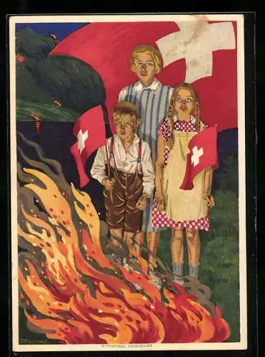 AK Bundesfeier 1930, Für bedürftige Schweizerschulen im Ausland, Kinder mit Flaggen am Lagerfeuer