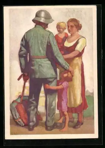 Künstler-AK Bundesfeier 1929, Schweizer Soldat mit Stahlhelm verabschiedet sich von Familie