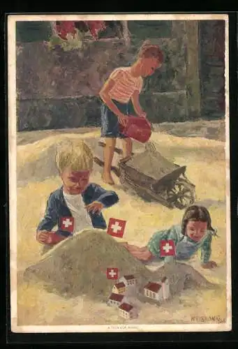 Künstler-AK Schweizer Rotes Kreuz, Kleine Kinder spielen im Buddelkasten, Bundesfeier 1937