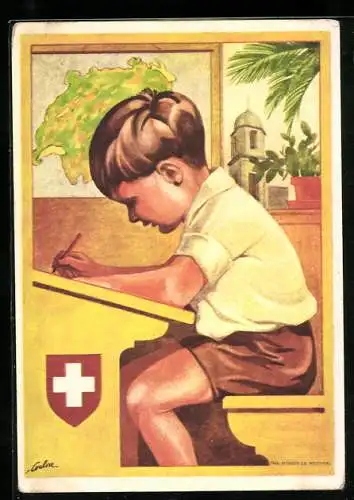 Künstler-AK Schweizer Bundesfeier 1930, Bub in der Schule