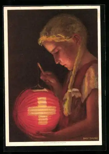 Künstler-AK Schweizer Bundesfeier 1936, Mädchen mit Laterne