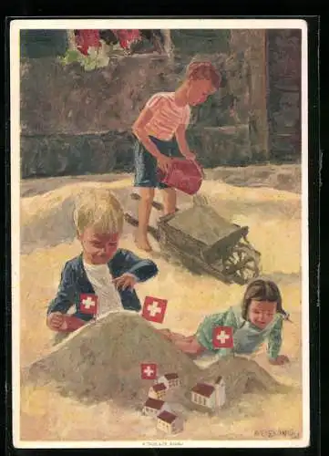 Künstler-AK Schweizer Rotes Kreuz, Kleine Kinder spielen im Buddelkasten, Bundesfeier 1937