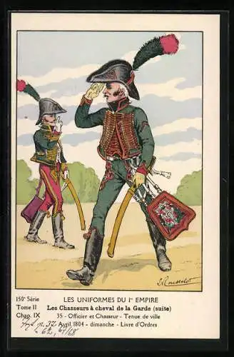 AK Les Uniformes du Ier Empire, Les Chasseurs à cheval de la Garde, Officier et Chasseur, Tenue de ville, Kavallerie