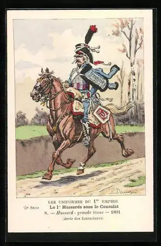 AK Les Uniformes du Ier Empire, Le 1er Hussards sous le Consulat, Hussard, Grande tenue 1801, Kavallerie