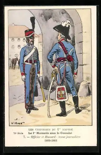 AK Les Uniformes du Ier Empire, Le 1er Hussards sous le Consulat, Officier et Hussard, Tenue journalière, 1800-1801