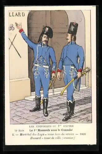 AK Les Uniformes du Ier Empire, Le 1er Hussards sous le Consulat, Maréchal des Logis 1800, Kavallerie