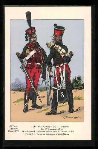 Künstler-AK Le 8e Hussards, Hussard grande tenue et tenue de campagne 1812