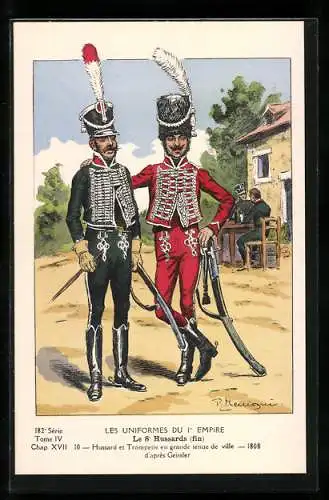 Künstler-AK Le 8e Hussards, Hussard et Trompette en grande tenue de ville 1808