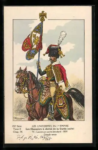 Künstler-AK Les Chasseurs à cheval de la Garde, Lieutenant porte-étendard 1808, grande tenue