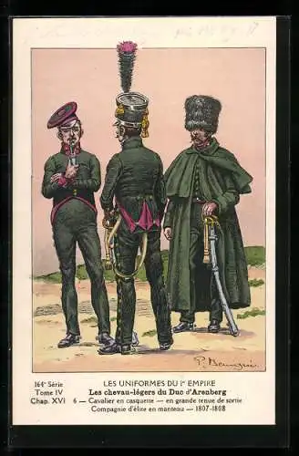 Künstler-AK Les chevau-légers du Duc d`Arenberg, Cavalier en casquette, Compagnie d`élite en manteau 1807-08