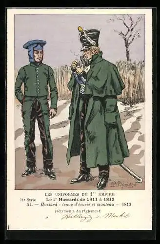 Künstler-AK Le 1er Hussards de 1811 à 1813, Hussard, tenue d`écurie et manteau 1813