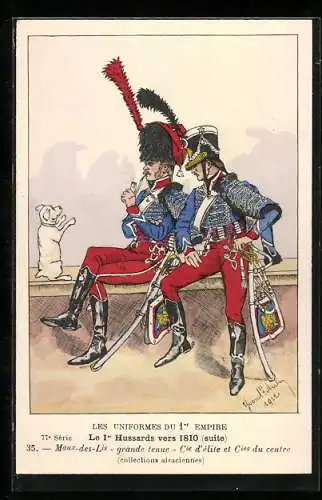 Künstler-AK Le 1er Hussards vers 1810, Maux-des-Lis, grande tenue, Compagnie d`élite et du centre