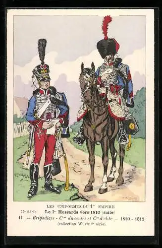 Künstler-AK Le 1er Hussards vers 1810, Brigadiers, Compagnies du centre et d`élite 1810-12