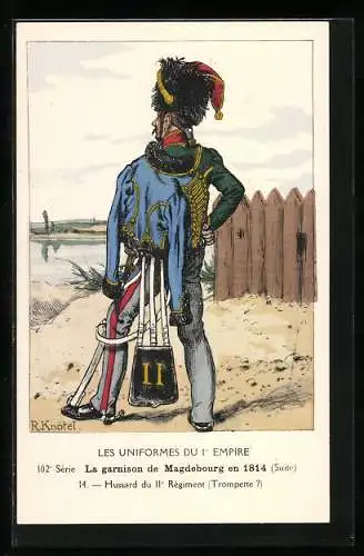 Künstler-AK Le garnison de Magdebourg en 1814, Hussard du 11e Régiment, Trompette