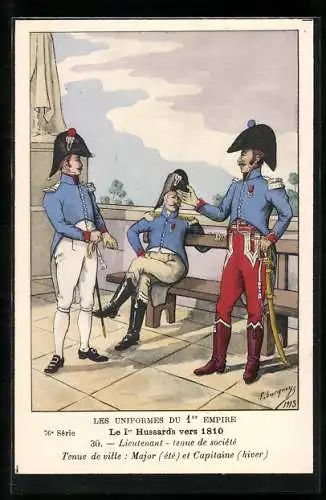 Künstler-AK Le 1er Hussards vers 1810, Lieutenant, tenue de société, Major et Capitaine