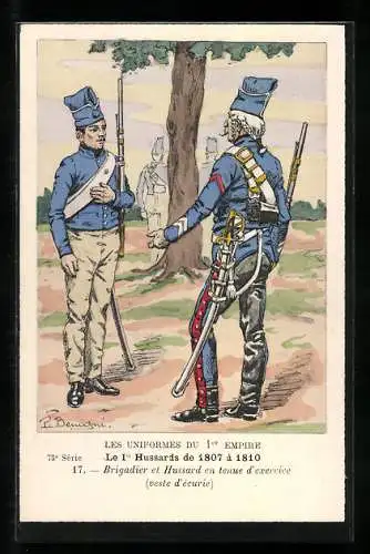 Künstler-AK Le 1er Hussards de 1807 à 1810, Brigadier et Hussard en tenue d`exercice