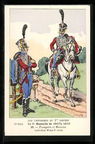 Künstler-AK Le 1er Hussards de 1807 à 1810, Trompette et Musicien