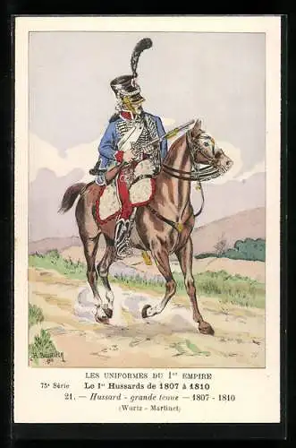 Künstler-AK Le 1er Hussards de 1807 à 1810, Hussard, grande tenue, 1807-1810