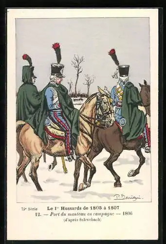 Künstler-AK Le 1er Hussards de 1805 à 1807, Port du manteau en campagne 1806