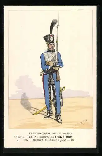 Künstler-AK Le 1er Hussards de 1805 à 1807, Hussard en service à pied 1807