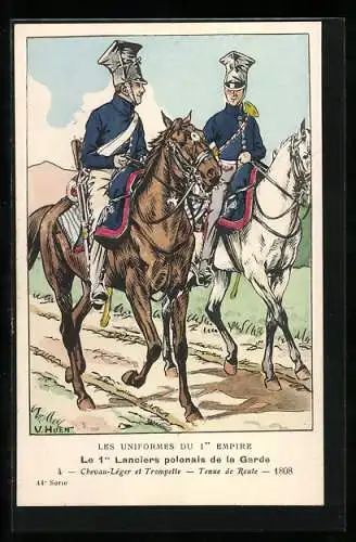 Künstler-AK Le 1er Lanciers polonais de la Garde, Chevau-Léger et Trompette, Tenue de Route 1808