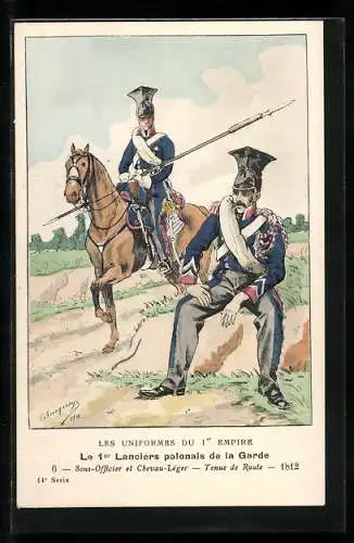 Künstler-AK Le 1er Lanciers polonais de la Garde, Sous-Officier et Chevau-Léger, Tenue de Route 1812