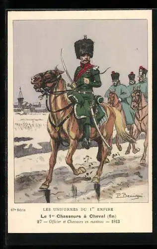 Künstler-AK Les 1er Chasseurs à Cheval, Officier et Chasseurs en manteau 1813