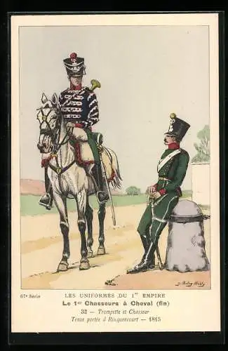 Künstler-AK Les 1er Chasseurs à Cheval, Trompette et Chasseur, tenue portée à Rocquencourt 1815