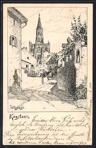 Künstler-AK Konstanz, Katzgasse mit Blick zur Kirche