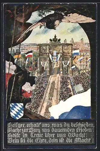 Künstler-AK sign. Max Honegger: München, Siegestor im Festschmuck, Parade