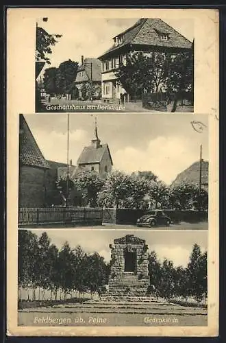 AK Feldbergen üb. Peine, Geschäftshaus mit Dorfstrasse, Gedenkstein